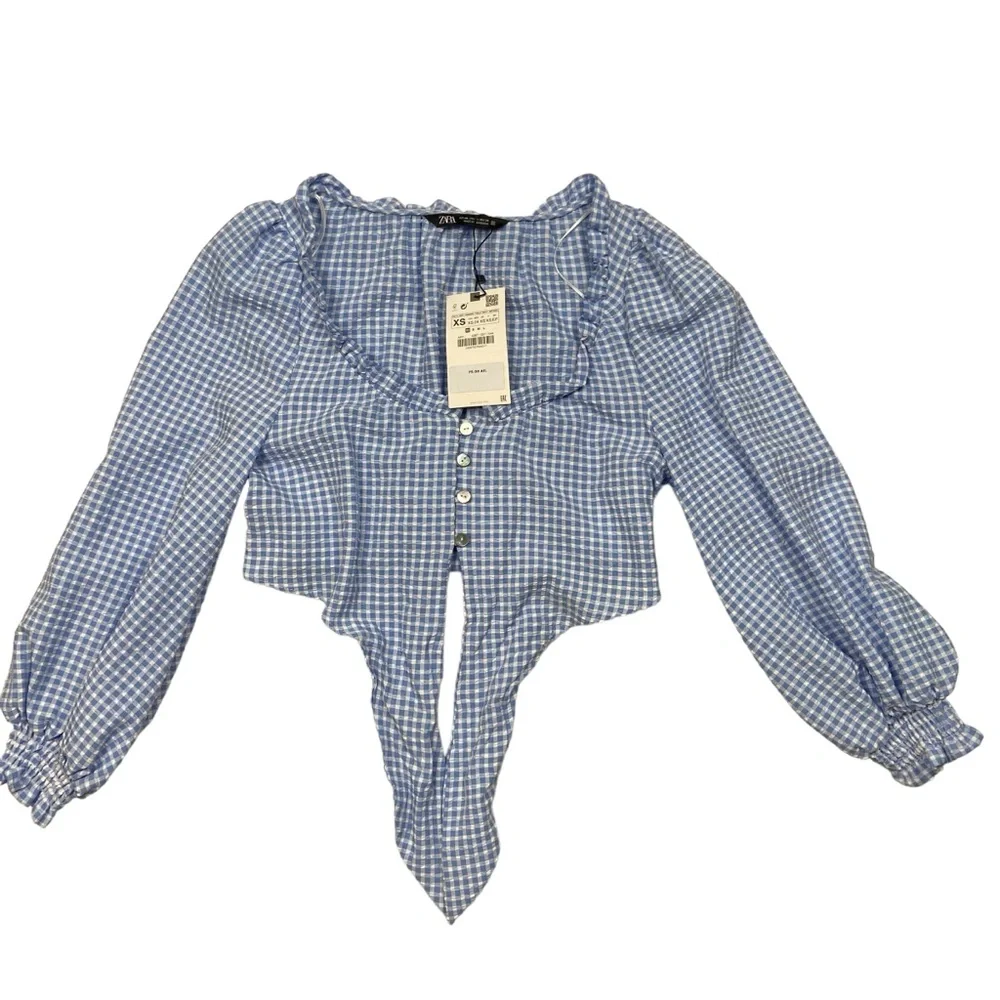 NWT ZARA Blue White Gingham Coquette Long Puff Sleeves Crop Top NWT XS